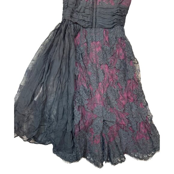 Vintage 50' s 60's Black Lace Overlay Burgundy Whimsygoth Crepey Delicate Floral - Picture 5 of 16